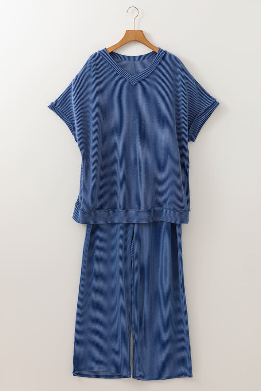 Sail Blue Ribbed V Neck Tee and Pants Plus Size Set