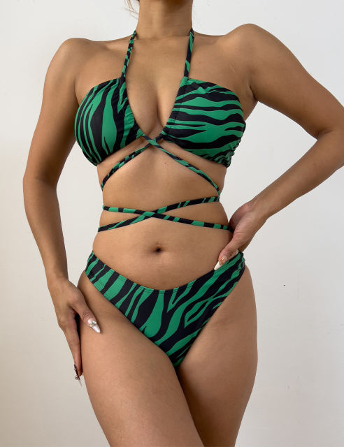 Green Striped Criss Cross Two Piece Bikini Set