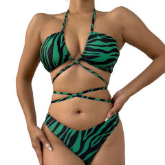 Green Striped Criss Cross Two Piece Bikini Set