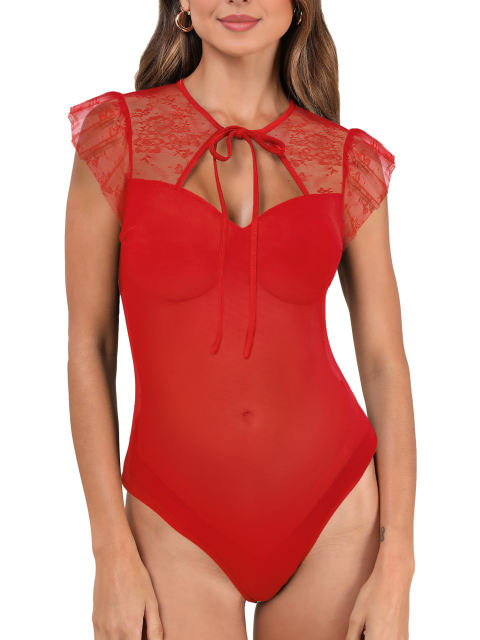 Red Cut-out Lace Splicing Double Layered Mesh Bodysuit