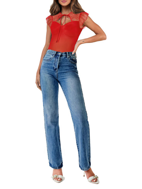 Red Cut-out Lace Splicing Double Layered Mesh Bodysuit
