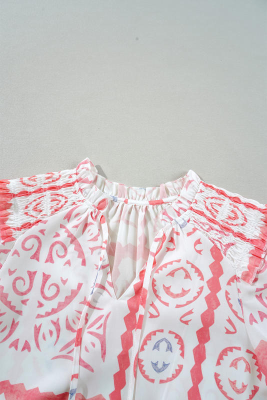 Desert Flower Vintage Print Smocked Poet Collar Billowy Blouson Sleeves Blouse