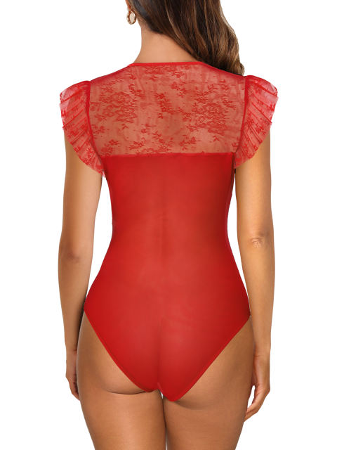 Red Cut-out Lace Splicing Double Layered Mesh Bodysuit