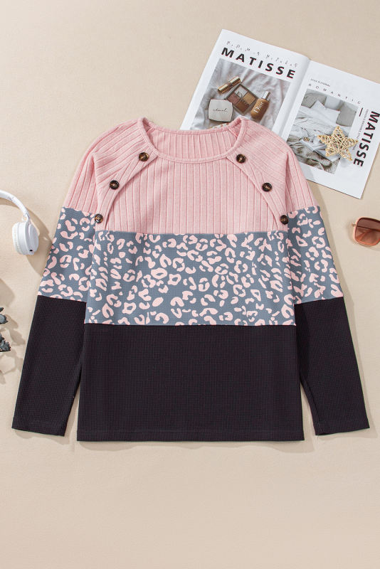 Pink Cheetah Textured Patchwork Buttoned Round Neck T Shirt