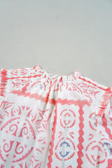 Desert Flower Vintage Print Smocked Poet Collar Billowy Blouson Sleeves Blouse