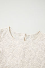 Oatmeal Flower Jacquard Button Back Ruffled 3/4 Sleeve Blouse