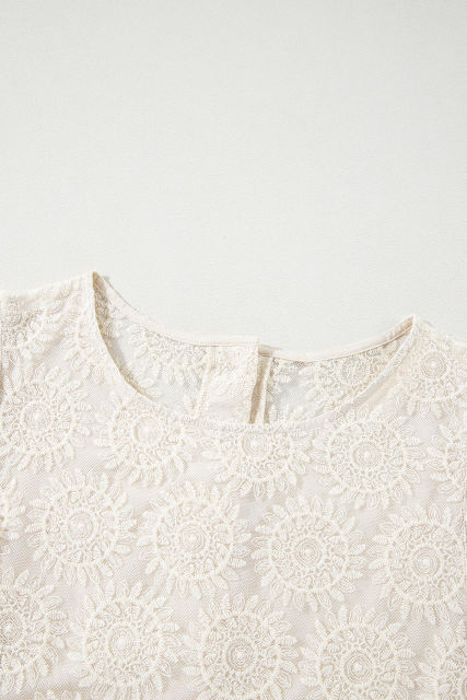 Oatmeal Flower Jacquard Button Back Ruffled 3/4 Sleeve Blouse