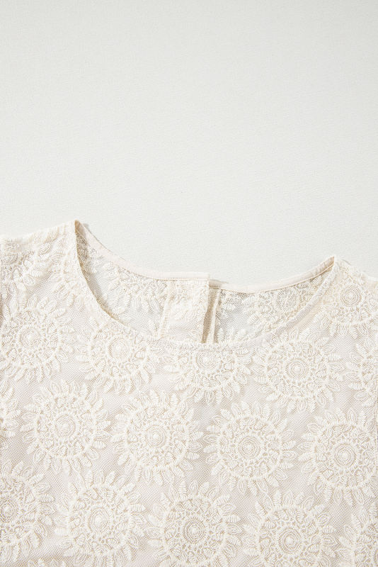 Oatmeal Flower Jacquard Button Back Ruffled 3/4 Sleeve Blouse