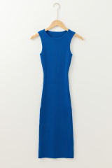 Dark Blue Solid Ribbed Knit Sheath Sleeveless Midi Sweater Dress