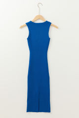 Dark Blue Solid Ribbed Knit Sheath Sleeveless Midi Sweater Dress
