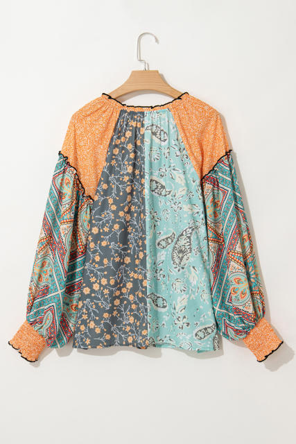 Green Floral Patchwork Lantern Sleeve Buttoned V Neck Plus Size Blouse