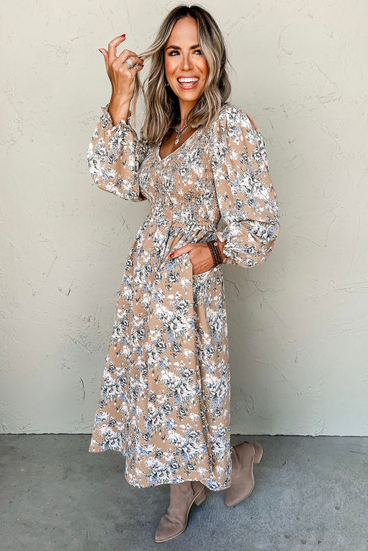 Khaki Maple Grove Floral Smocked Puff Sleeve Long Dress