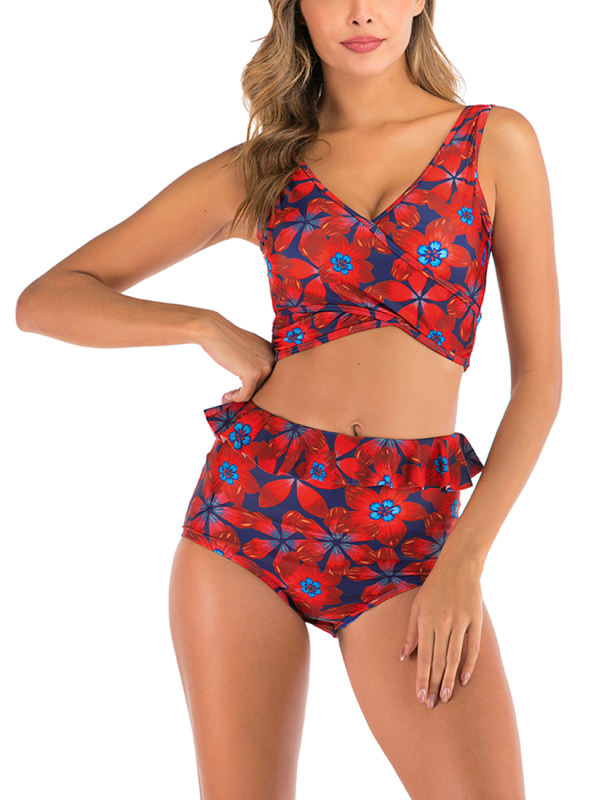Red Floral Print Cross Front High Waisted Bikini Set
