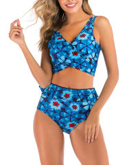 Blue Floral Print Cross Front High Waisted Bikini Set