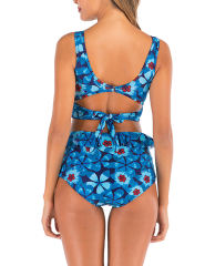 Blue Floral Print Cross Front High Waisted Bikini Set