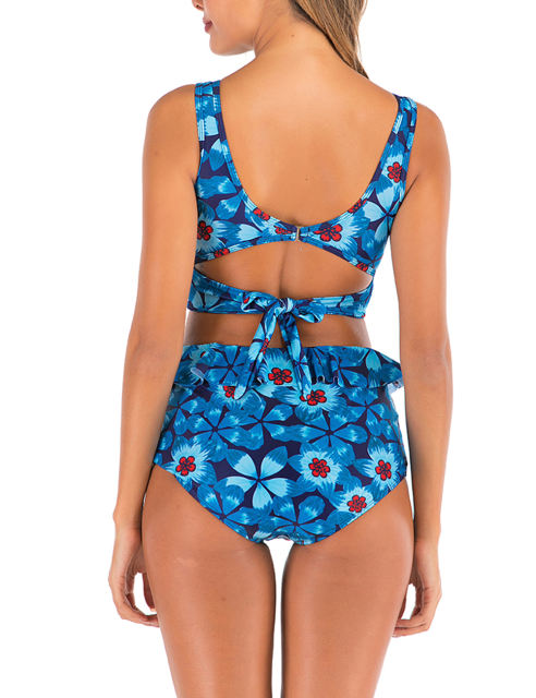 Blue Floral Print Cross Front High Waisted Bikini Set