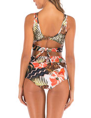 Multicolor Print Cross Front High Waisted Bikini Set