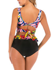 Black Red Leaf Print Cross Front High Waisted Bikini Set