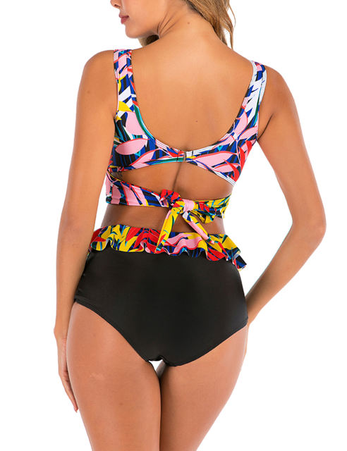Black Red Leaf Print Cross Front High Waisted Bikini Set