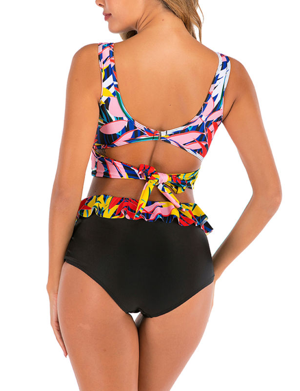 Black Red Leaf Print Cross Front High Waisted Bikini Set
