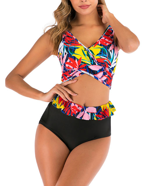 Black Red Leaf Print Cross Front High Waisted Bikini Set