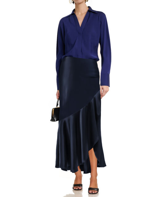 Navy Blue Satin Ruffle Asymmetrical Hem Maxi Skirt