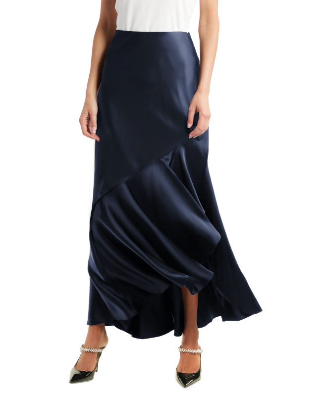 Navy Blue Satin Ruffle Asymmetrical Hem Maxi Skirt