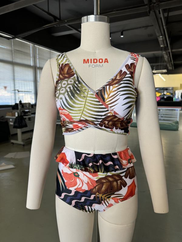 Multicolor Print Cross Front High Waisted Bikini Set