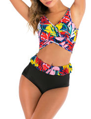 Black Red Leaf Print Cross Front High Waisted Bikini Set