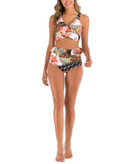 Multicolor Print Cross Front High Waisted Bikini Set
