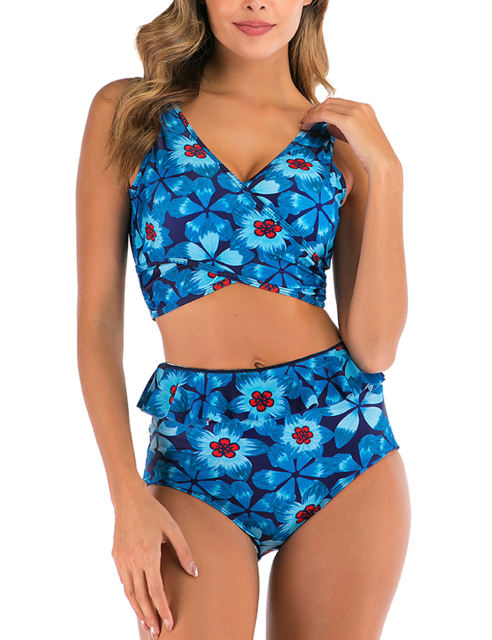 Blue Floral Print Cross Front High Waisted Bikini Set