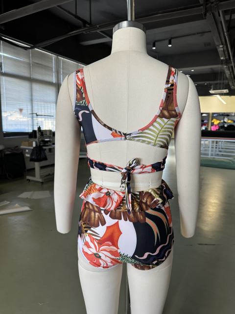 Multicolor Print Cross Front High Waisted Bikini Set