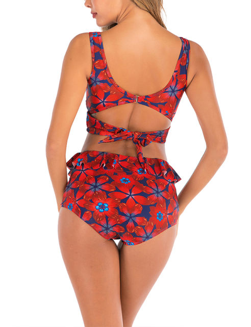Red Floral Print Cross Front High Waisted Bikini Set