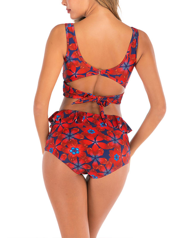Red Floral Print Cross Front High Waisted Bikini Set