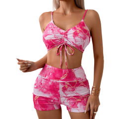 Rosy Abstract Print Drawstring Bikini with Shorts