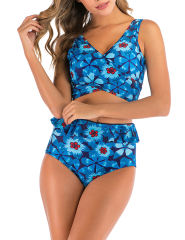 Blue Floral Print Cross Front High Waisted Bikini Set