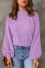 Purple Solid Color Lantern Sleeve Knitted Sweater