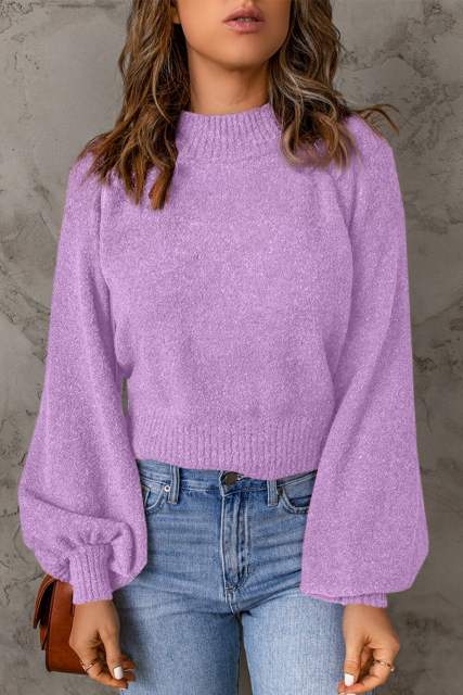 Purple Solid Color Lantern Sleeve Knitted Sweater