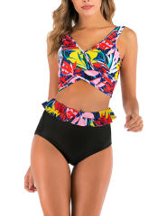 Black Red Leaf Print Cross Front High Waisted Bikini Set