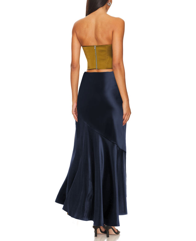 Navy Blue Satin Ruffle Asymmetrical Hem Maxi Skirt
