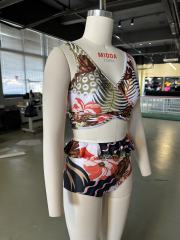 Multicolor Print Cross Front High Waisted Bikini Set