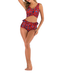 Red Floral Print Cross Front High Waisted Bikini Set