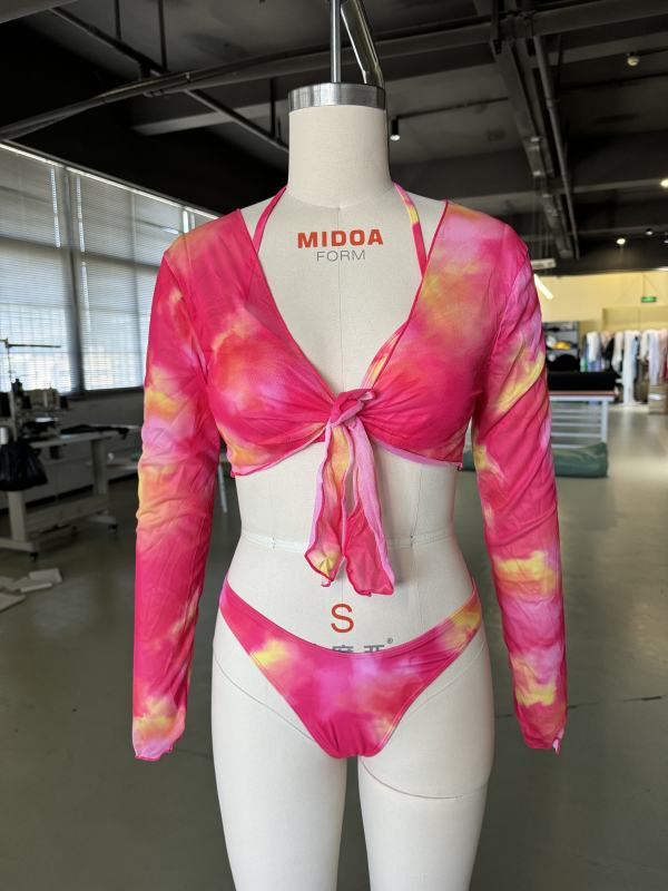 Rosy Abstract Print 3pcs Bikini and Beach Cover Set