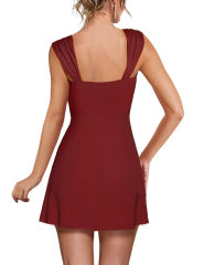 Burgundy Ruffle Hem Side Split Square Neck Dress