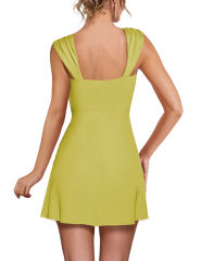 Yellow Ruffle Hem Side Split Square Neck Dress