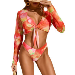 Orange Abstract Print 3pcs Bikini and Beach Cover Set