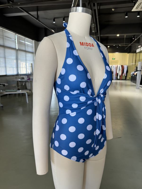 Blue Polka Dot Print Halter One Piece Swimsuit