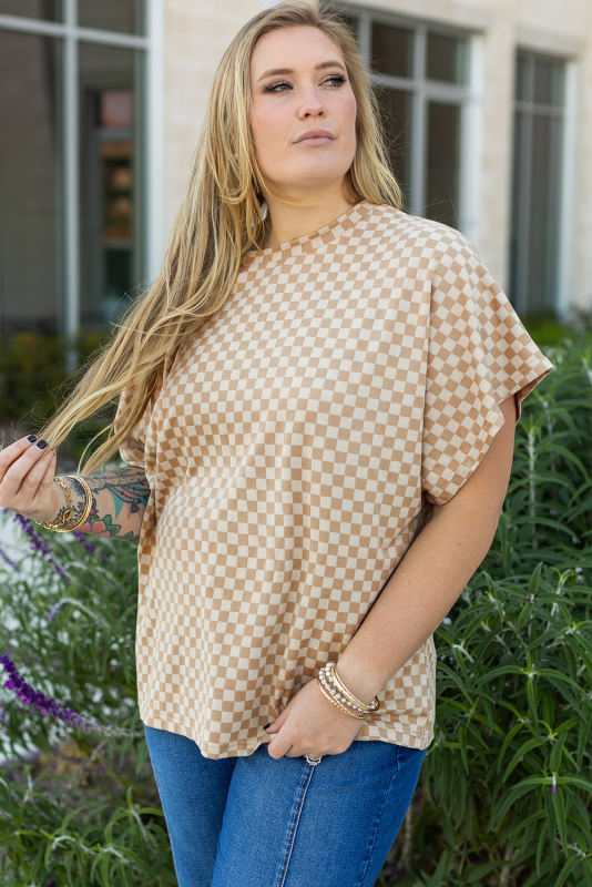 Khaki Checkerboard Short Batwing Sleeve Round Neck Plus Size T Shirt