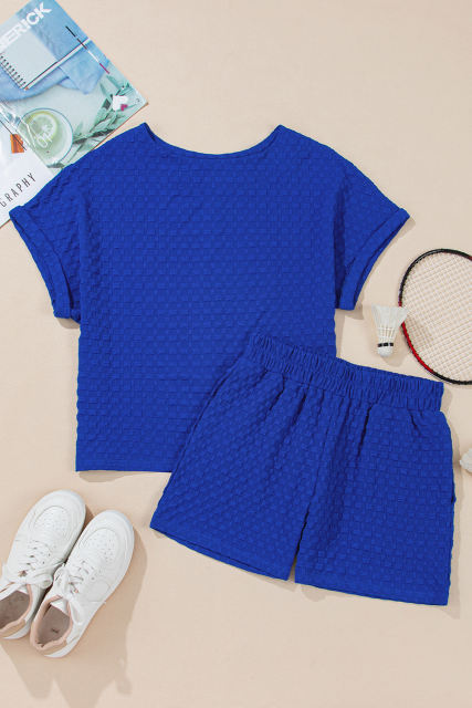 Sky Blue Jacquard Textured Buttoned Tee and Shorts Set