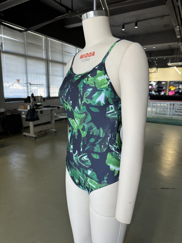 Green Printed Criss-cross Back One Piece Swimsuit